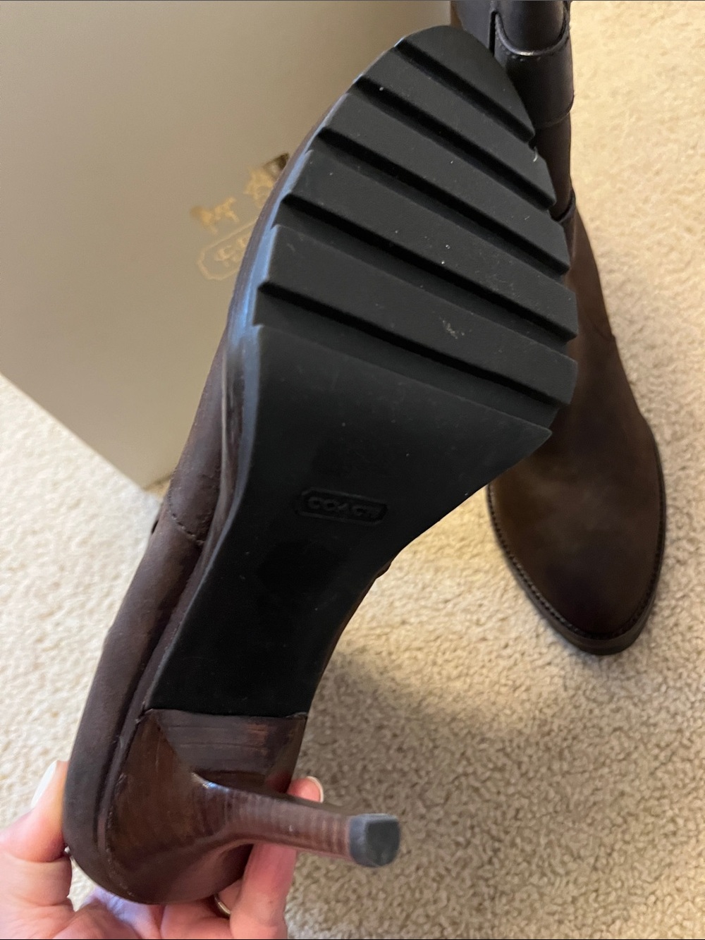 New in Box Coach Thelma Brown Leather High-Heel Ankle Boots with Buckle Straps - Picture 4 of 10